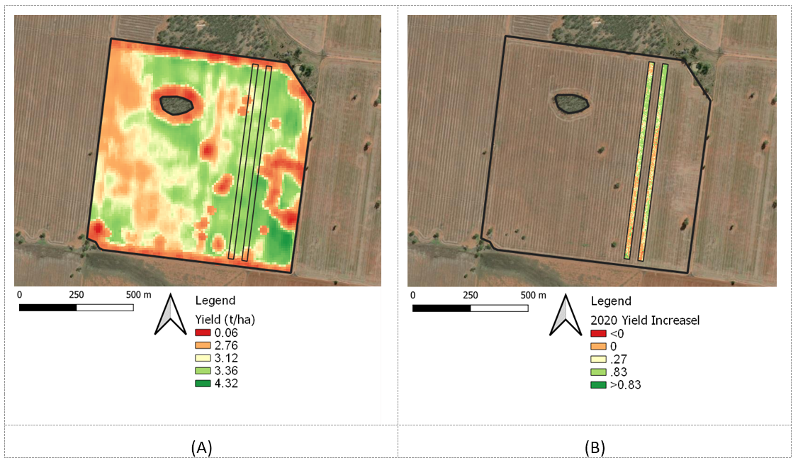 Heat map showing paddock yield map (A) compared with yield response map (B) where points in each treatment strip are compared against their closes control nil strip.