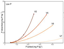 Line graph showing phosphorus desorption curves for four Vertosols differing in their P release at low concentrations of P initially sorbed (< 500 mg P kg-1; Low P)