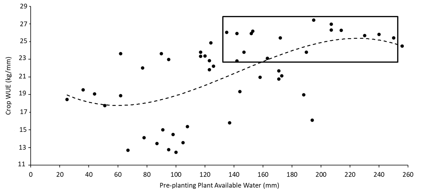 Graph showing the relationship between crop WUE and plant available soil water (PAW, mm) sampled at the start of the sowing window for wheat (top, open squares), chickpea (middle, grey triangles) and sorghum (bottom, black circles) across farming systems experiments.