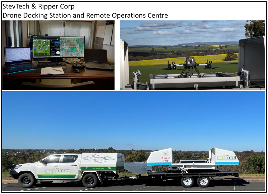 Photgraphs showing: Top left: Remote operations centre. Top right: Inside the docking station. Bottom: The docking station preparing for transportation.