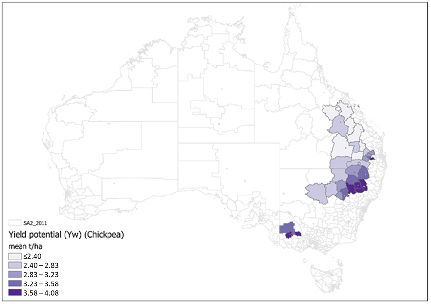 This map of Australia shows the simulated water-limited chickpea yields (Yw) per statistical local area (SA2), averaged from 1996 to 2015.