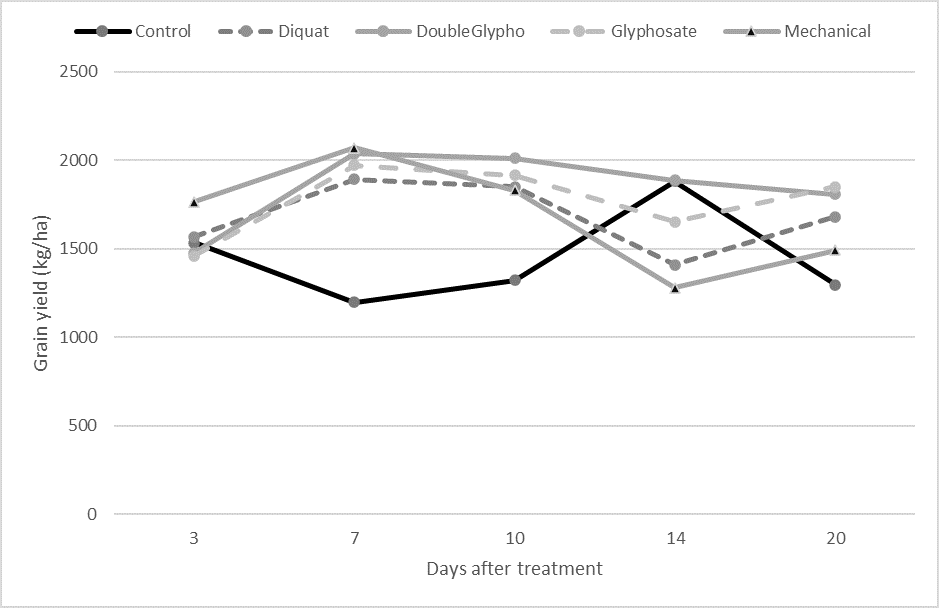 This line graph shows the comparison of mean grain yields from each sampling interval across treatments within the 90%PM stage including control plots (lsd = 357, P=0.05)