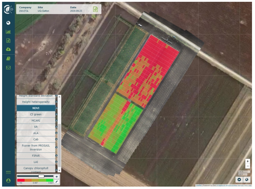 Heat map of a paddock showing example of NDVI per plot data collected from analysis of a single UAV drone flight at UQ Gatton. This image is stitching together multiple images taken by a drone in a ‘lawnmower’ pattern that takes about 30 minutes per ha at this high resolution.