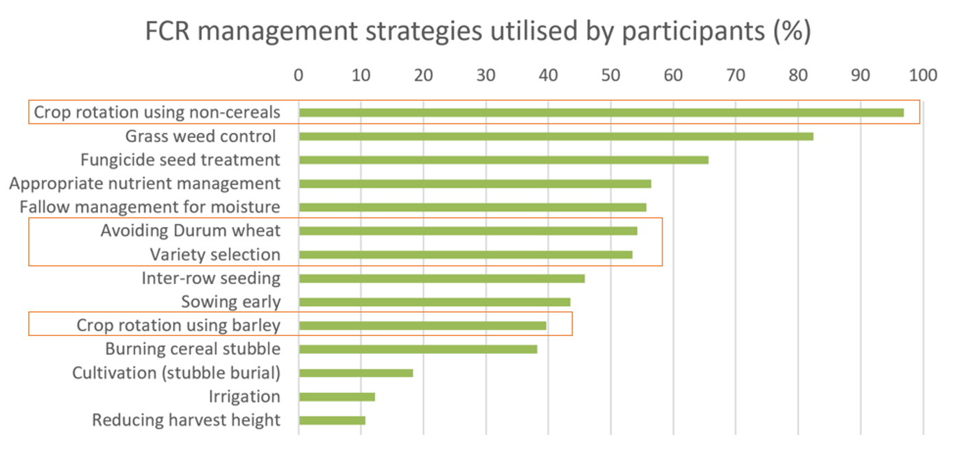 Bar graph showing strategies used in the last 2 years to manage FCR by 130 participants who completed the Fusarium crown rot survey: a grower and agronomist questionnaire conducted in August 2023 under the GRDC and DPI co-investment (DPI2207-004RTX).