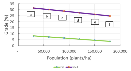 This line graph shows population effect on oil grade kernels and shell percentage for peanut variety ‘Kairi ’ in the second field trial. Data points with the same letter are not statistically different (P=0.05)