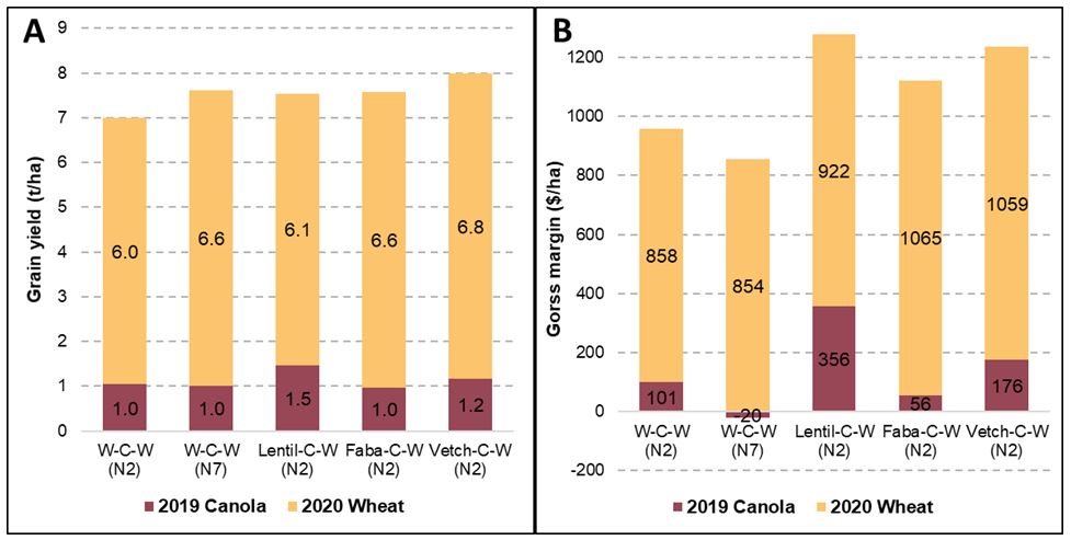 Figure 3 is two column graphs showing average grain yield (A) and EBIT (B) of timely sown canola crops in 2019 and timely sown wheat crops in 2020, following a range of legume crops in 2018. (N2 = decile 2 N strategy; N7 = decile 7 N strategy).