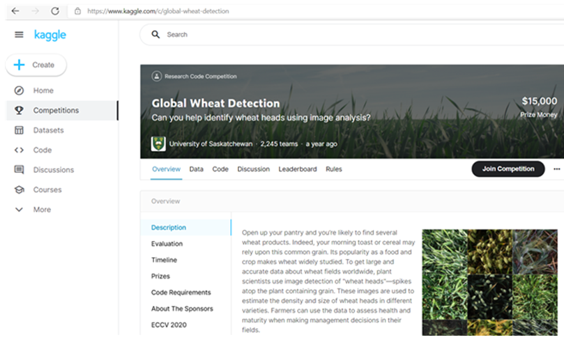 Screen shot of the website the 1st GWHD competition on Kaggle https://www.kaggle.com/c/global-wheat-detection which attracted 2245 teams