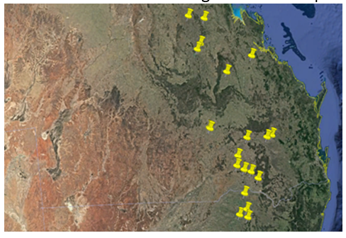 Map of Queensland and northern NSW showing location of the 30 P trials established from 2012-2017 under UQ00063.