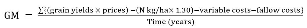 Equation showing calculation of gross margin - due differing timelines with different cropping decisions, the economic returns in Australian dollars will be reported as average annual gross margin (GM; $/ha/year)