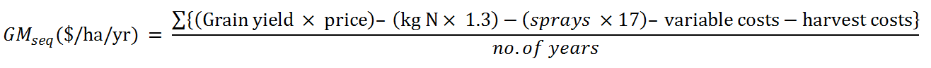 This is an equation which shows how the baseline “variable cost” for each crop was calculated including planting, non-N nutrients and in-crop pesticide applications. Harvesting costs, N fertiliser and fallow spray frequency were included separately, as these varied between the crop sequences or if crops failed. 