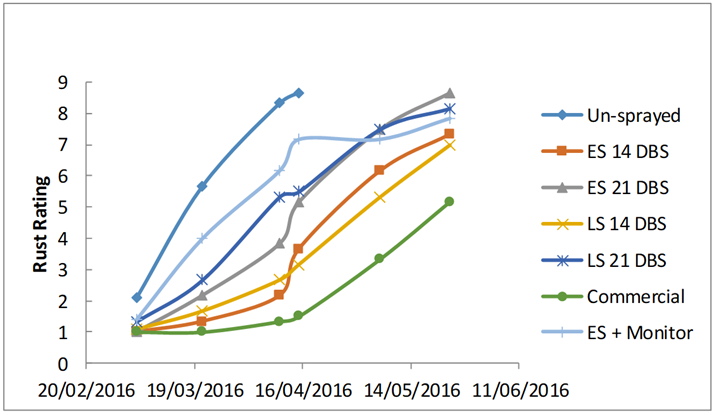 This coloured line graph shows the impact of fungicide application strategy on the incidence of rust (Puccinia arachidis)  on peanut variety Holt . (Rust rating where 0 = no evidence of disease 9 = complete infection resulting in defoliation)