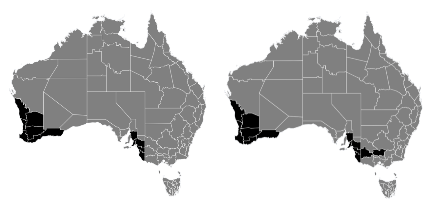 Geographical maps showing the current distribution of RLEM resistance to pyrethroids (left) and organophosphates (right).