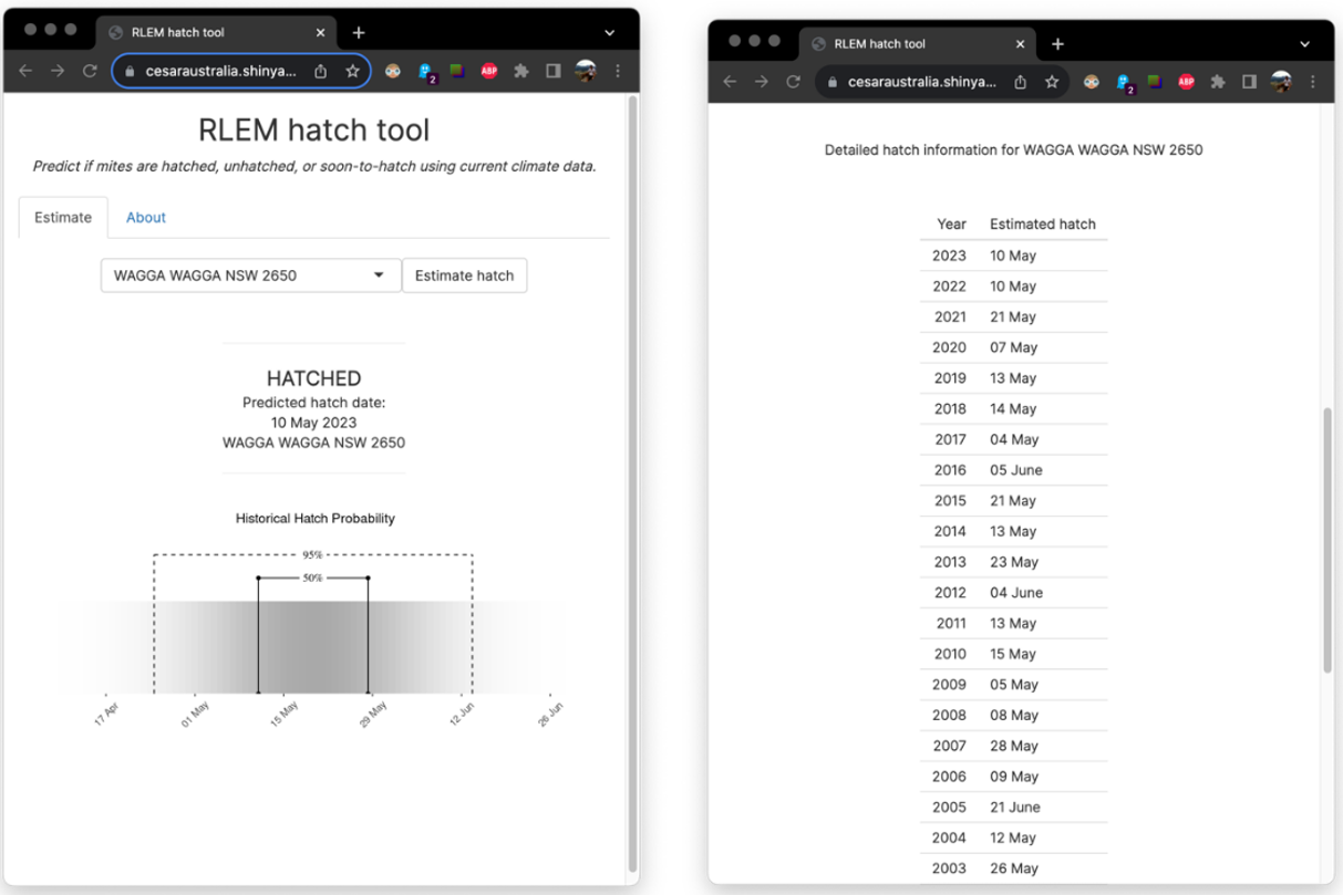 Images showing the user interface for the hatch prediction app, showing the ‘Estimate’ (left) and ‘About’ (right) tabs.