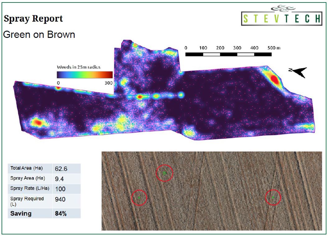 Images showing an example of green on brown weed detections using a drone and integrated into a John Deere SP spray rig.