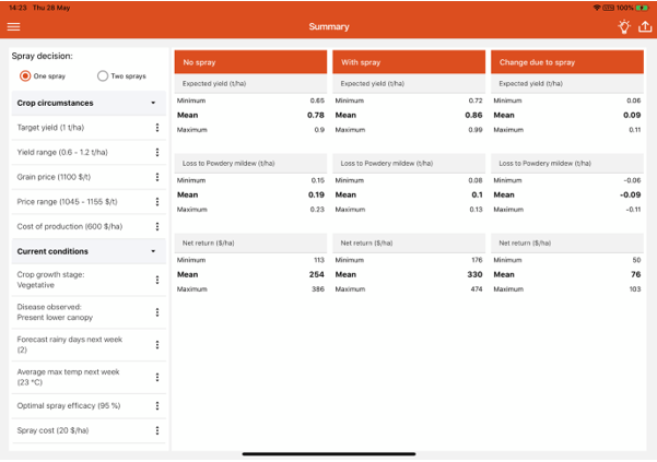 This screen shot from the app shows how PowderyMildewMBM launches with a standard set of values that the user can modify to best represent their paddock’s circumstances.