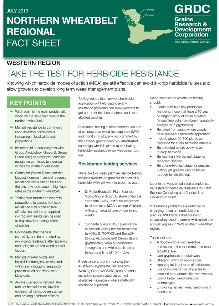 Image of Take the Test for Herbicide Resistance GRDC Fact Sheet
