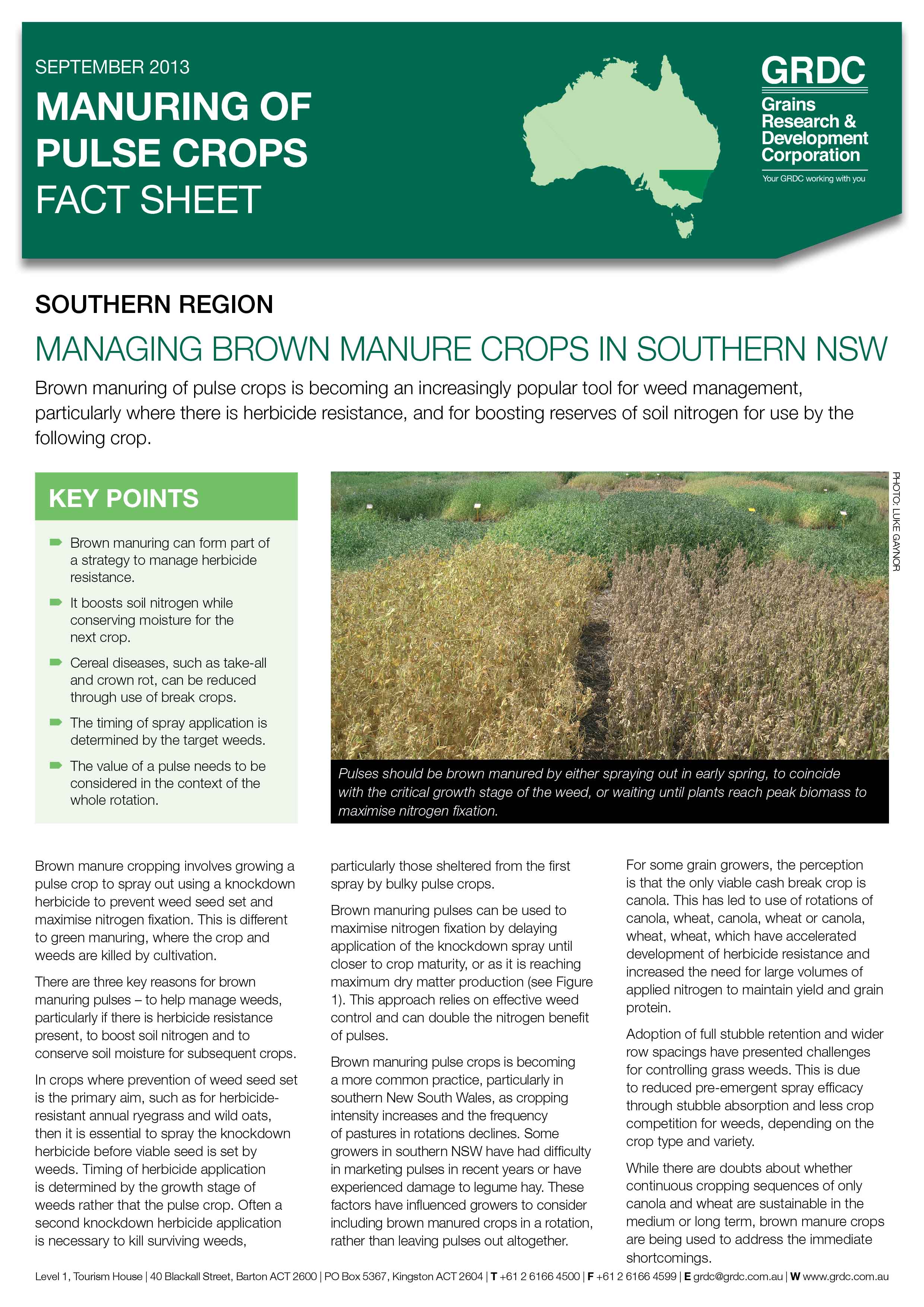Cover page of the Manuring of Pulse Crops fact sheet - Managing brown manure crops in southern NSW