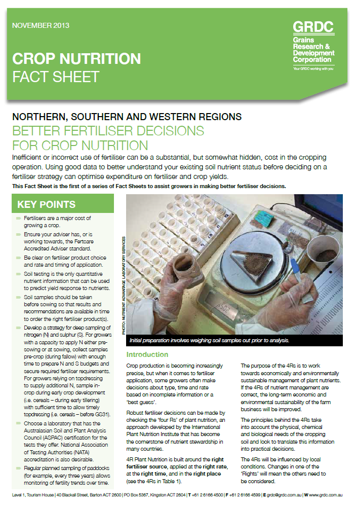 Cover page of Better Fertiliser Decisions for Crop Nutrition fact sheet
