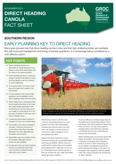 Cover page of the Direct Heading Canola Fact Sheet