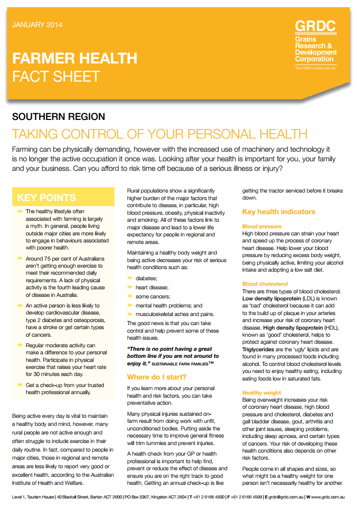 cover page of the Farmer Health fact sheet: Taking control of your personal health.