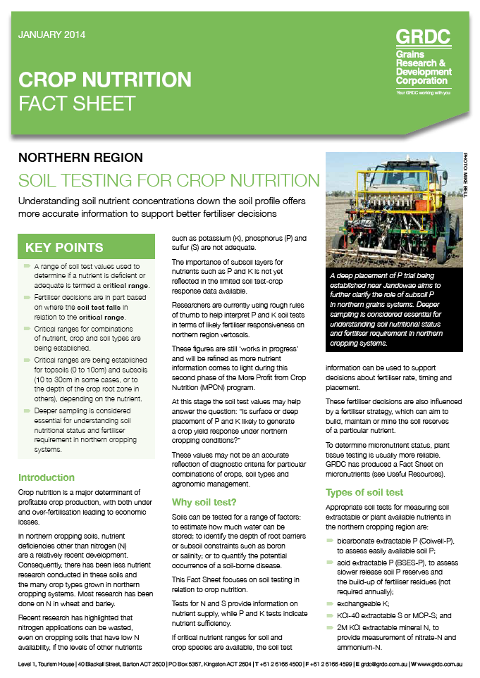 Cover page of the Soil Testing Fact Sheet (Northern Region)