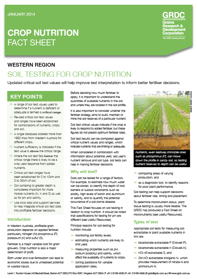 Cover page of the Soil Testing Fact Sheet (Western Region)