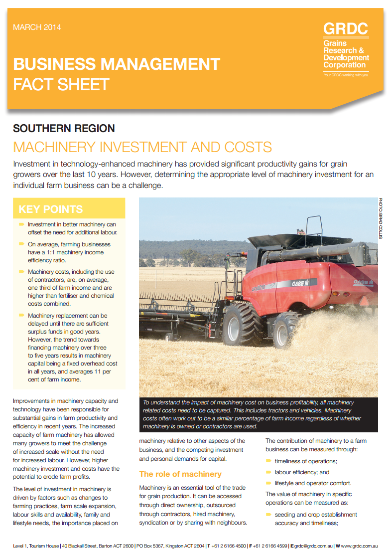 front page of Farm Business Management fact sheet: Machinery Investment and Costs