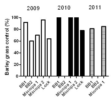 Figure 2. Effect of Sakura at the recommended rate on barley grass control in wheat at trial sites on the Eyre Peninsula
