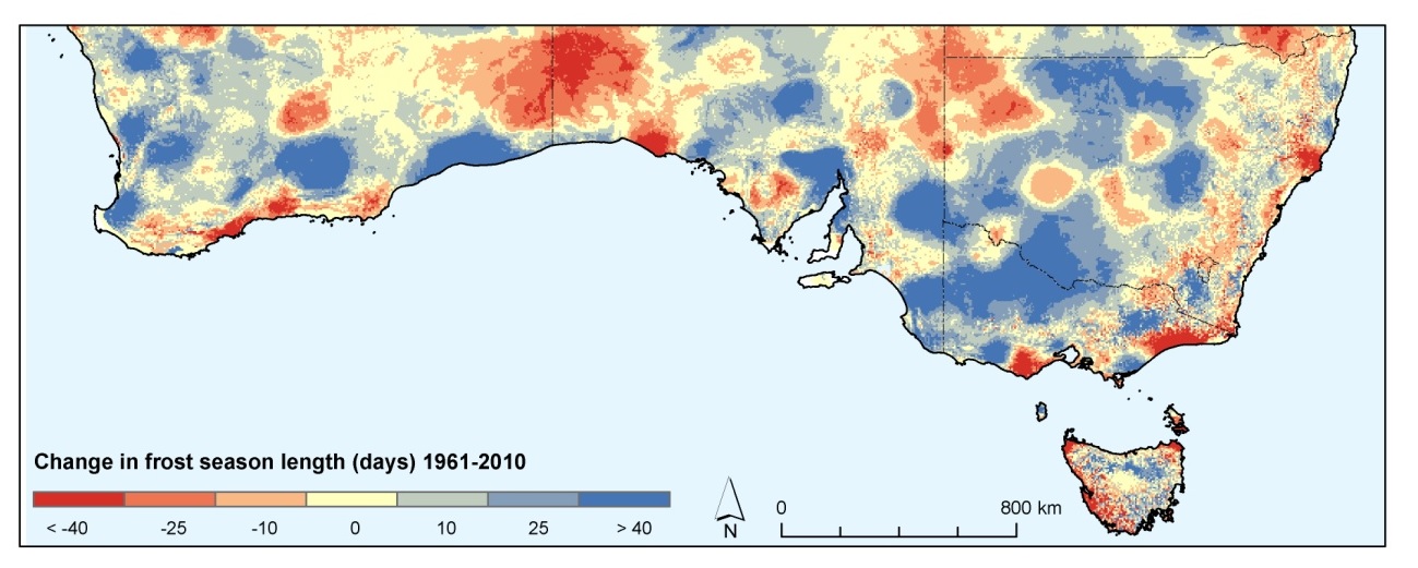 Figure 1: Trends in the frost season duration (number of days) for the period August to November (1961 to 2010) based on the BOM high quality gridded minimum temperature dataset.  