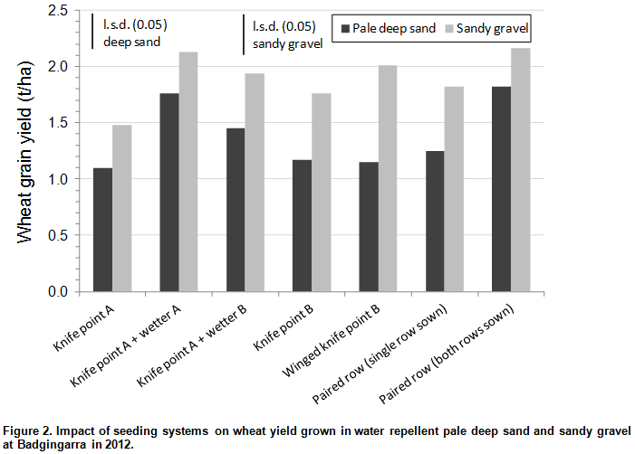  Impact of seeding systems on wheat yield grown in water repellent pale deep sand and sandy gravel at Badgingarra in 2012.