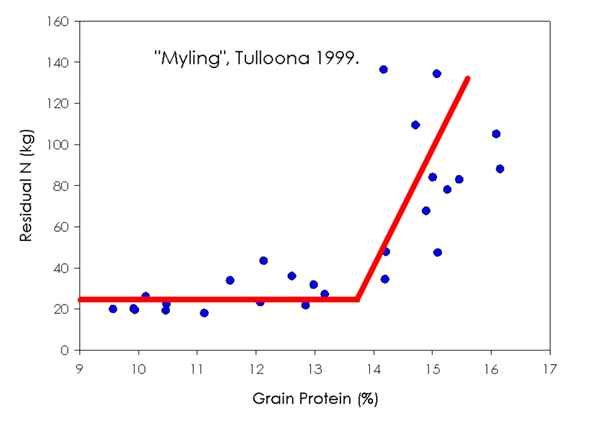 Figure 2b: Scatter graph with line of best fit showing a proportionate relationship between residual N and grain protein. Data from "Myling", Tulloona 1999. 