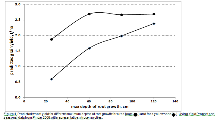 Predicted wheat yield for different maximum depths of root growth for a red loam  (    ) and for a yellow sand (    ). Using Yield Prophet and seasonal data from Pindar 2005 with representative nitrogen profiles.