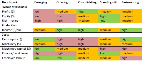 Table 1. Benchmarks for the stages of the business life cycle. Key: Green indicates good; yellow indicates okay; and red indicates poor.