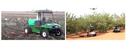Figure 1. Small autonomous robot for zero-tillage agriculture (left), two ground robots and one aerial robot for crop surveillance in tree-crop applications (right).