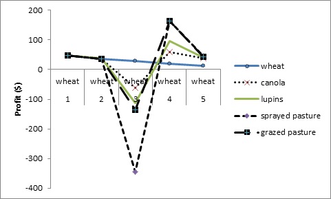 Figure 2. A comparison of  annual profit from a 5 year cropping sequence, where wheat, canola, lupins, grazed pasture or sprayed pasture are grown in the 3rd year of the crop sequence. 