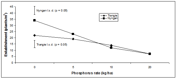 Phosphorus rates in kilograms per hectares ranged from 0 to 20. The establishment rates of plants per metres square were; Trangie  (l.s.d. p=0.05) approximately 23 to 8, Nyngan (l.s.d. p=0.05) approximately 35 to 8.