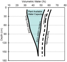 Storage profile shows that at a depth of approximately 5cm the soil water storage capacity is 20%. As the depth increase to more than 150cm the water capacity is zero.
