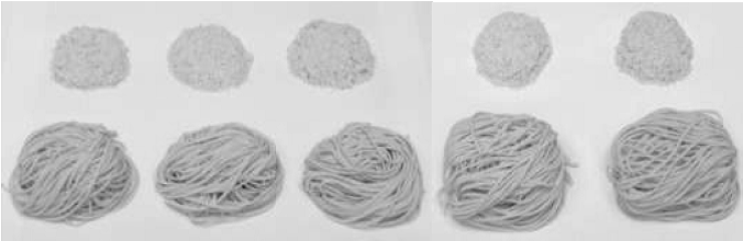 Five sets of grains and the corresponding noodles they produce.