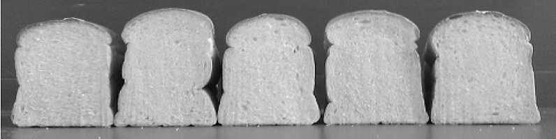Five different loaf types made from different wheat types with the exposed slice showing.