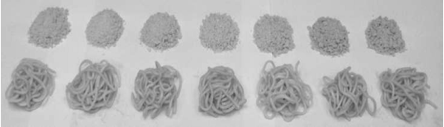 Seven sets of grains and the corresponding noodles they produce. 