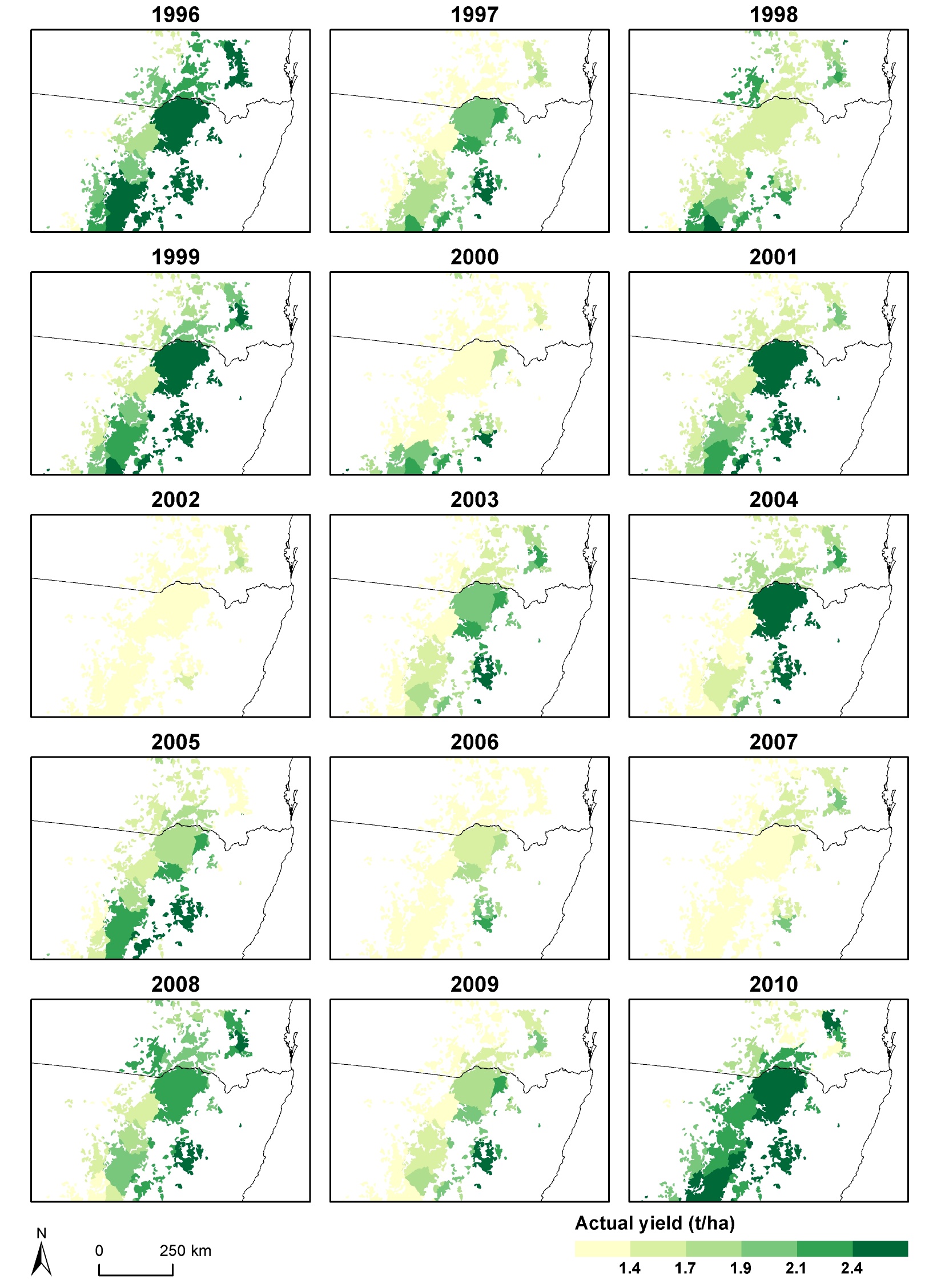 Results of the wheat grain yields in Australia's northern grain zone from 1996 to 2010 using a colour gradient to show yield. Text description follows image.