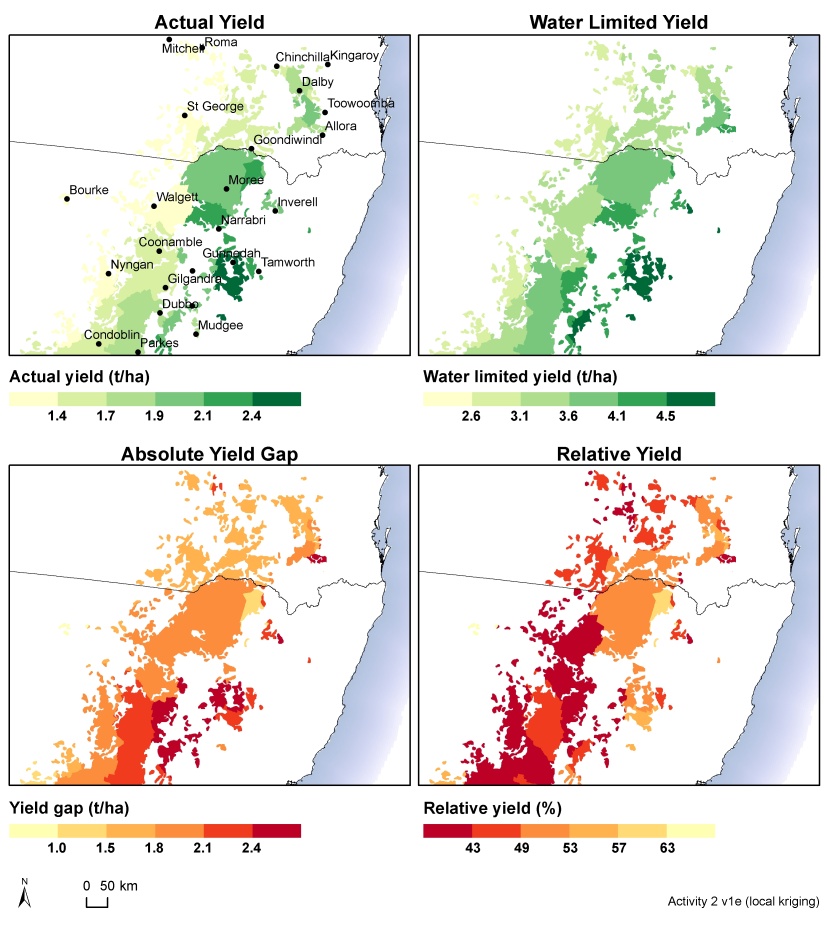 Results of the wheat yield and wheat gaps in Australia's northern grain zone using the averages from 1996 to 2010 and using a colour gradient to show yield. Text description follows image.