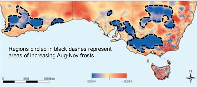 Figure 5. Regions of increasing Aug – Nov frosts (Source: Steven Crimp).