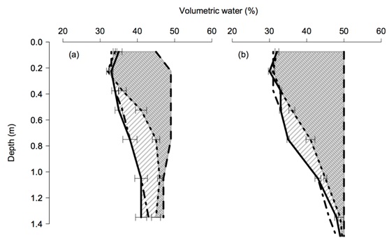 Figure (a) shows plant available water for Strzelecki wheat at Yallaroi and (b) shows Formartin in 2012. Text description follows.