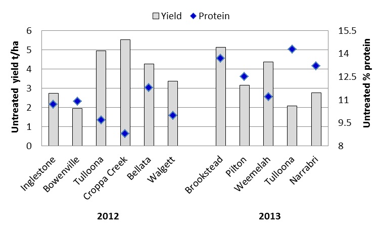 Yield and % protein content of untreated grain at eleven individual sites in 2012 and 2013 - text description follows
