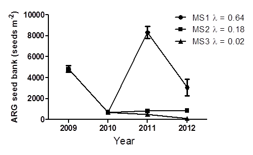 Results of the ARG seed bank (seeds per metre)  from 2009 till 2012 of three different management strategies. Text description follows image.