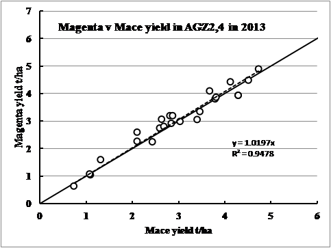 Figure 3. Grain yield of Magenta compared to Mace in Agzones 2 and 4 in 2013 (t/ha).