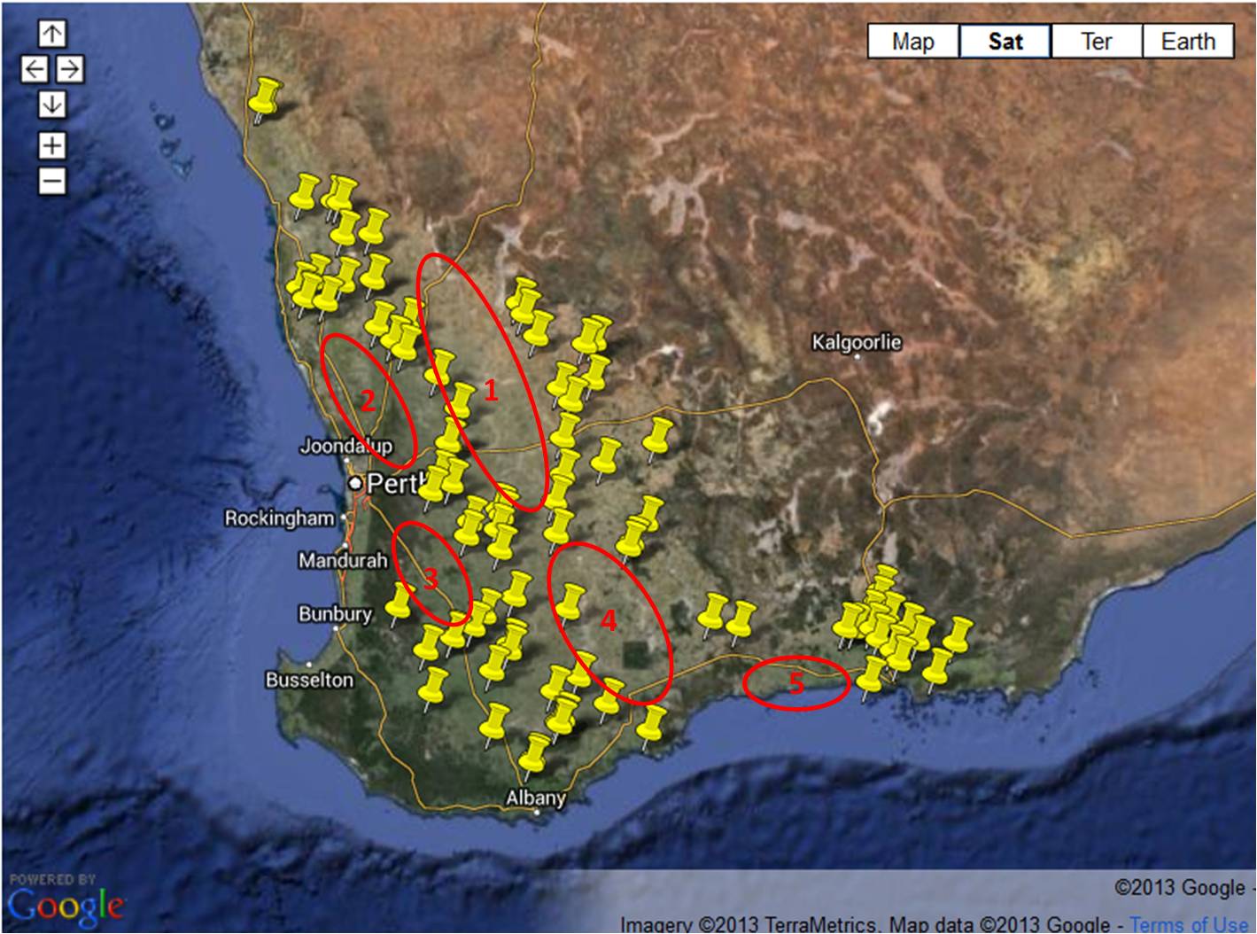 Fig 2. Location of the Yield Prophet sites in 2013.Google map - taken from DAFWA website.