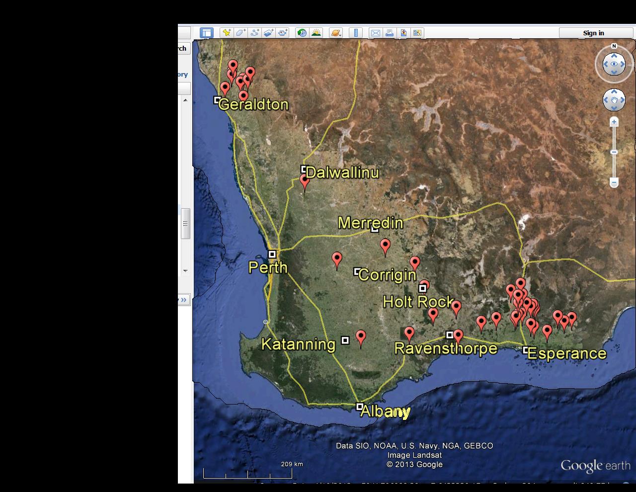 Fig 3. Location of soil water probes in WA (as of Dec 2014). Google map with data provided by Precision Agronomic Australia and Farmlink Rural