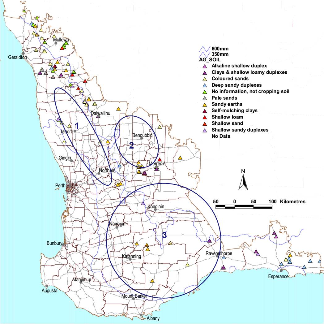 Figure 1 APSoil characterisation sites grouped by MySoil type with circle indicating regional gaps. 